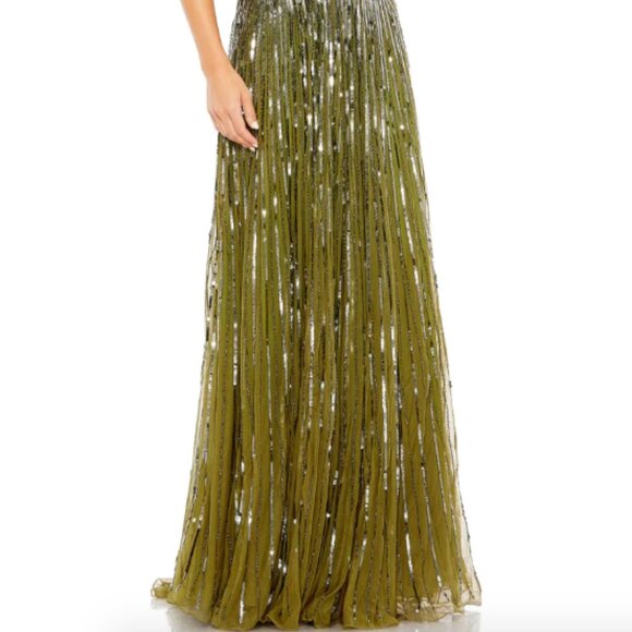 MAC DUGGAL 5565 SEQINED ONE SHOULDER FLUTTER SLEEVE A-LINE OLIVE GOWN sz 6 - Picture 4 of 5